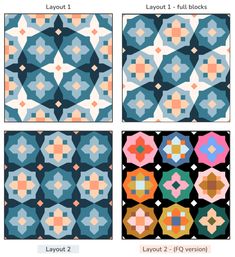 four different patterns for the same quilt, each with different colors and sizes on them