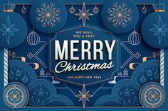 merry christmas and happy new year greeting card with blue ornaments on a dark blue background