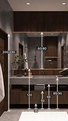 a bathroom with several measurements for the size of the sink and countertop, including height