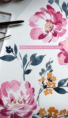 a card with watercolor flowers on it and the words painty - mess on the deck this week