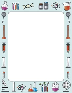 a square frame with laboratory equipment and beaks around it on a light blue background