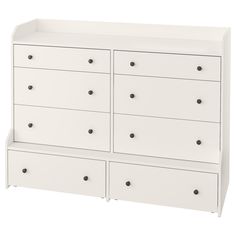 a white dresser with six drawers and two doors