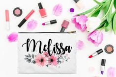 personalized makeup bag with flowers and lipstick