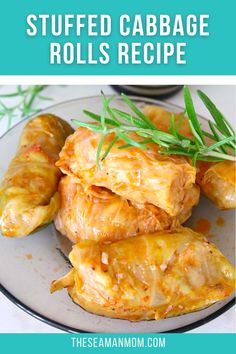 stuffed cabbage rolls recipe on a plate with green garnish and text that reads stuffed cabbage rolls recipe