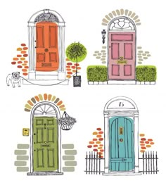 four doors in different styles and colors with plants on each door, one has a potted