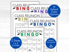 the printable class reunion bingo game is shown in three different colors and font options