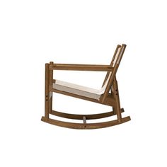 a wooden rocking chair with a cushion on the seat and backrests, isolated against a white background