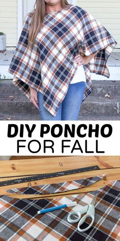 Poncho Sewing Pattern Free Simple, Make A Poncho From A Blanket, Sew A Poncho Easy Diy, Easy Fleece Poncho, Flannel Shawl Diy, Diy Ponchos For Women, Making A Poncho From A Blanket, Fleece No Sew Poncho, Poncho Pattern Sewing How To Make