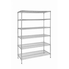 chrome wire shelving unit with four shelves on the bottom and one shelf below it