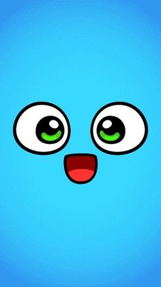 an animated face with green eyes on a blue background