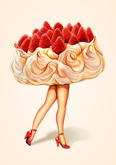 a drawing of a woman carrying a large cake with strawberries on top