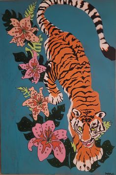 a painting of a tiger surrounded by flowers