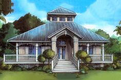 this is an artist's rendering of a house with porches and steps to the front door