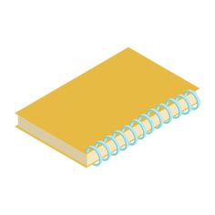 an open yellow notebook with blue spirals on the front and bottom, sitting on a white surface