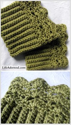 crocheted hat and mittens are shown in two different photos, one is green