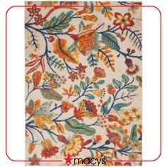 an area rug with colorful flowers and leaves on white background, including blue, orange, red