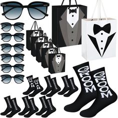 an assortment of men's clothing and accessories including sunglasses, shopping bag, tote bag, socks, eyeglasses, and t - shirts