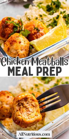 chicken meatballs meal prepped and served in a glass dish with lemon wedges