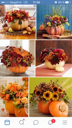 pumpkins decorated with fall flowers and leaves