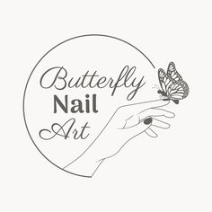 the butterfly nail art logo is shown in black and white