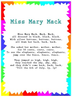 the poem miss mary mack is written in rainbow colors