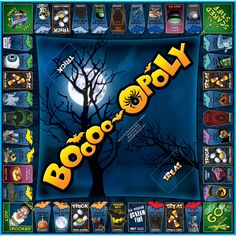 the board game booooy is shown in front of a full moon and tree