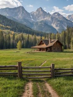 a log cabin in the mountains with a dirt path leading to it and a wooden fence