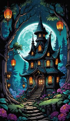 a house in the woods with lanterns on it