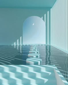 an image of a room that looks like it is floating in the water with stairs going up and down