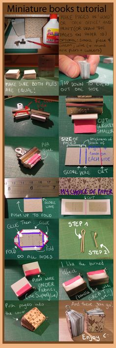 the instructions for how to make miniature books with paper and pencils on top of them