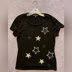 Inc Embellished Star Print T-Shirt In Black - New Without Tags - Classic Black T-Shirt With Scoop Neckline - Embellished With Stars In Black, White, And Silver Crystals - Cotton - Shortsleeved - True To Size Star Long Sleeve Shirt, Star Patch Shirt, Embellished Graphic Tee With Crew Neck, Black Crew Neck Top With Star Patch, Black Crew Neck T-shirt With Star Patch, Star Shirt Aesthetic, Bedazzled Shirt, Stars Shirt, Shirts Women Fashion