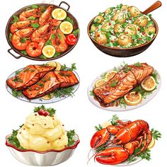 four different types of seafood on plates with lemons and garnishes in them