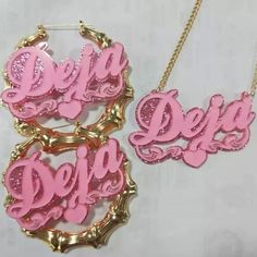 Dope Jewelry Accessories, Pink Names, Bamboo Hoop Earrings, Necklace Name, Name Earrings, Bamboo Earrings, Pink Acrylic, Dope Jewelry, Pink Vibes