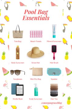 a poster with the words pool bag essentials on it