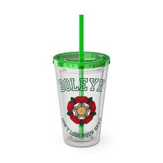 the tumbler cup has a green lid and is decorated with an image of a rose