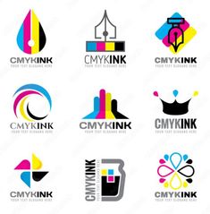 six different logos designed to look like ink