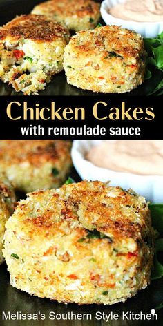 chicken cakes with remoulade sauce are shown in two separate images, and the same one is made from scratch