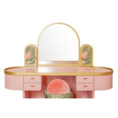 a pink vanity with mirror and stools in front of white background, side view