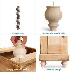 four different types of screws and knobs in various stages of being turned into furniture