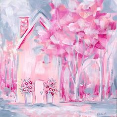 a painting of pink flowers in front of a house