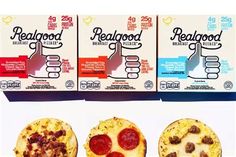 three small pizzas with pepperoni and sausage on them next to two cartons of real food