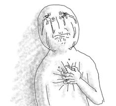 a black and white drawing of a man holding his hands in front of his face