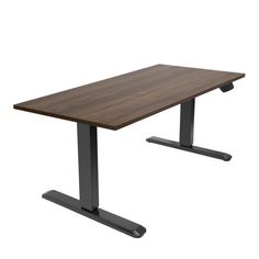 a wooden table with two black legs and a brown top on an isolated white background