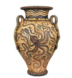 an ornate vase with octopus designs on it's sides, isolated against a white background