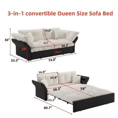 the 3 - in - 1 convertible queen size sofa bed is shown with measurements for each mattress