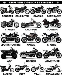 the different types of motorcycles are shown in black and white, as well as their names