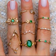 Nwt | Green Multi Ring Set (9 Pcs) Metal: Zinc Alloy Dainty Gold Midi Rings For Party, Gold Dainty Midi Rings For Party, Trendy Green Stackable Jewelry, Olive Branch Ring, Boho Rings Gold, Boho Crystal, Knuckle Ring, Knuckle Rings, Gem Ring