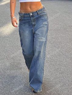 Sexy Low-Rise Ripped Loose Fit Straight Leg Jeans For WomenI discovered amazing products on SHEIN.com, come check them out! Stile Punk Rock, Straight Leg Denim, Women Denim Jeans, Plus Size Jeans, Wide Leg Denim, Light Wash Denim, Casual Denim, Low Waist, Long Pants