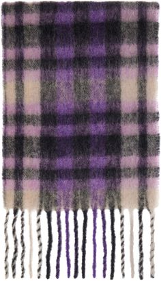 Knit mohair- and alpaca-blend scarf in purple, beige, and black. Check pattern throughout. · Logo patch at face · Fringed detailing at ends · H79 x W13.5 in Supplier color: Purple checks Knitted Balaclava, Henrik Vibskov, Purple Scarves, Beige And Black, Create Outfits, Check Pattern, Knit Scarf, Scarf Shawl