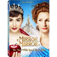 the dvd cover for mirror mirror, which features two women wearing tiaras and holding an apple